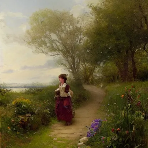 Image similar to jean-Baptiste Monge and Solomon Joseph Solomon and Richard Schmid and Jeremy Lipking victorian genre painting portrait painting of an english country cottage with a stone path and flower garden