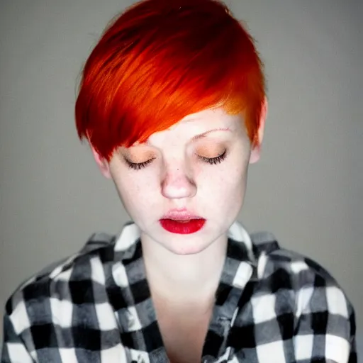 Image similar to photograph, closeup portrait of a young pale woman with short orange hair, tired eyes, wearing red flannel, flash photography, white background, indoor setting, high contrast, sharp, portra 8 0 0, photographed by terry richardson, trending on tumblr,