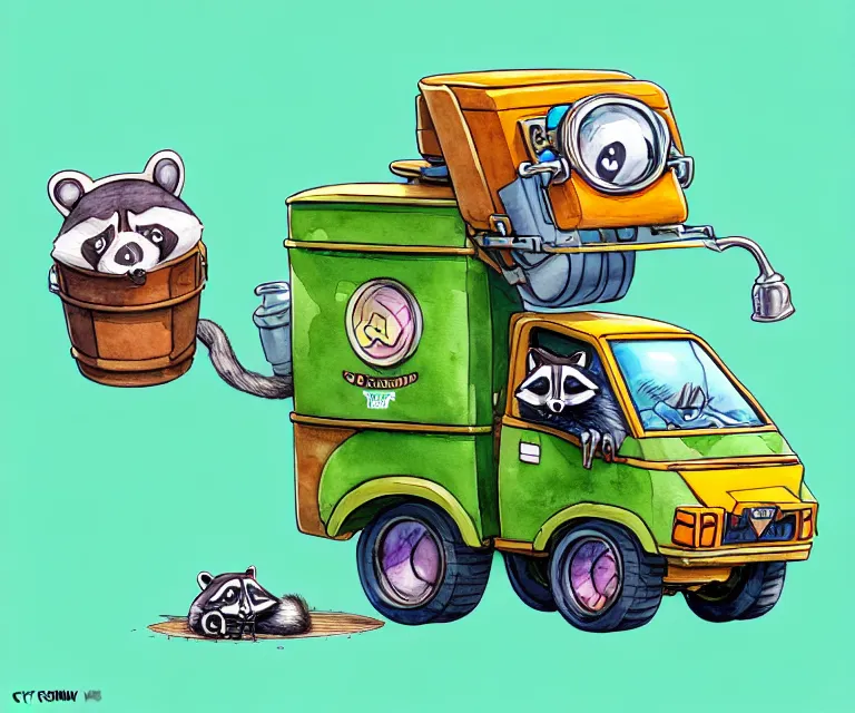 Image similar to cute and funny, racoon wearing goggles driving a tiny garbage truck, ratfink style by ed roth, centered award winning watercolor pen illustration, isometric illustration by chihiro iwasaki, edited by craola, tiny details by artgerm and watercolor girl, symmetrically isometrically centered