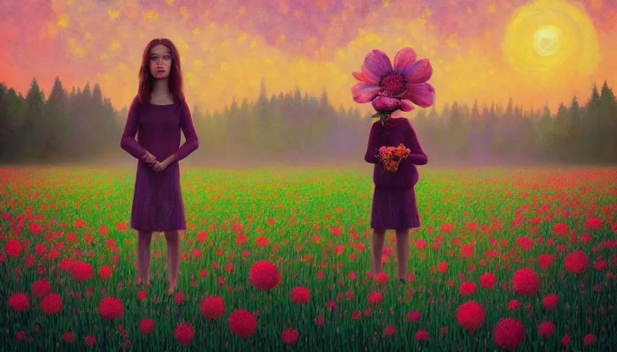 Image similar to girl with a giagantic flower as a face, surreal photography, dream, standing in flower field, hills, big trees, sunrise dramatic light, impressionist painting, colorful clouds, digital painting, pointillism, artstation, simon stalenhag, flower face