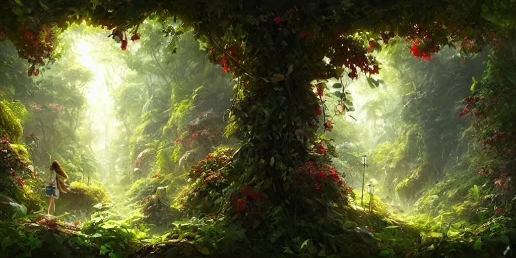 Image similar to hidden forest paradise, lush vines and flowers, fruits, (((((((((((people)))))))))))), digital painting, art by greg rutkowski, artgerm