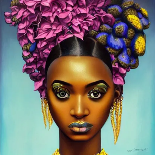 Prompt: dynamic composition, a painting of an african woman with hair of ( neon summer flowers )!! and vines wearing ornate earrings, ornate gilded details, a surrealist painting by tom bagshaw and jacek yerga and tamara de lempicka and jesse king, featured on cgsociety, pop surrealism, surrealist, dramatic lighting, voodoo!!