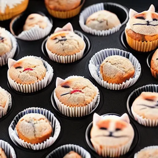 Prompt: photo of muffins that look like cats