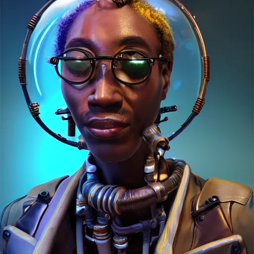 Prompt: an african scientist in a steampunk wheelchair, with a gigantic cone head made of glass, wires and cables connected to his brain, in a steampunk laboratory, apex legends character, digital illustration, synthwave color scheme, concept art, very symmetrical, rim light, detailed environment in a surreal cyberpunk style, rendered in unreal engine 5, 8 k, hd, highly detailed.