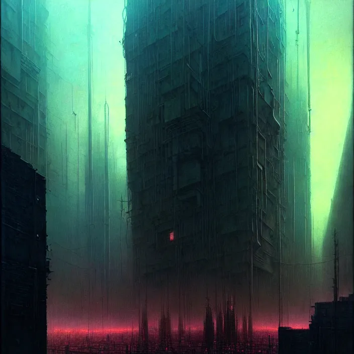 Image similar to ethereal horror of a cyberpunk cityscape, by zdzisław beksinski and greg rutkowski, organic, industrial, surreal, dark, cool colors