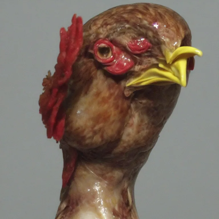 Image similar to chicken headed human, mugshot