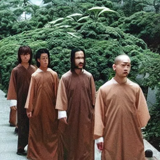 Image similar to secret full color photos form the year 1 9 9 9 of a cult in japan. everyone must not wear pants, they must wear shirts, all their hair is shaved off the side but very long on top. small beards are ok. you must carry a large vegetable in each hand at all times.