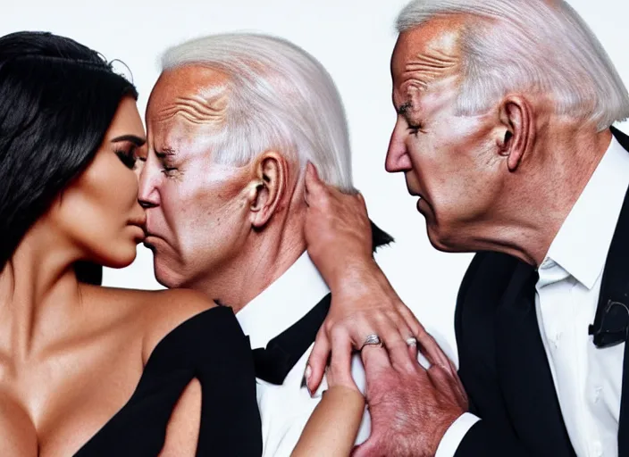 Image similar to film still of kim kardashian being kissed to sleep by joe biden, 8 k