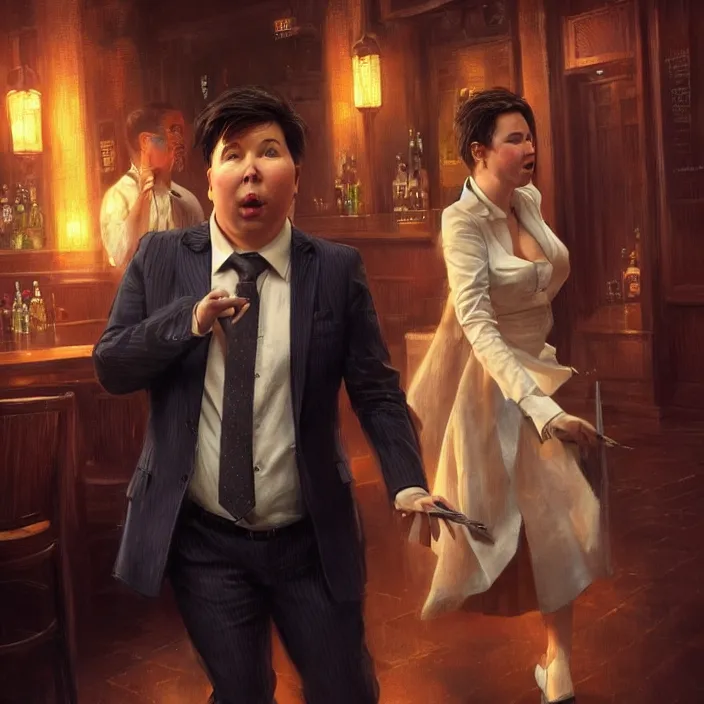 Prompt: michael mcintyre leaving a bar with with a singing waitress, elegant, real life skin, intricate artwork, high detailed, artstation, concept art, smooth, sharp focus, art by artgerm and greg rutkowski