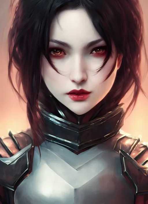 Image similar to full plate armor!!! beautiful and elegant dark hair female vampire!! gorgeous ayes!! character concept art, sharp focus, octane render! unreal engine 5! highly rendered!! trending on artstation!! detailed linework!! illustration by artgerm, wlop, and chie yoshii