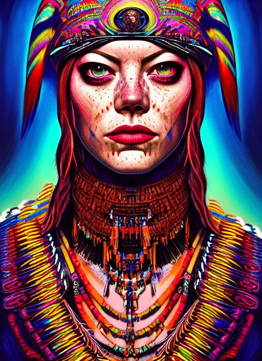 Image similar to portrait of emma stone, hyper detailed ultra sharp aztec shaman warrior. trending on artstation, warpaint aesthetic, bloodwave, colorful, psychedelic, ornate, intricate, digital painting, concept art, smooth, sharp focus, illustration, art by artgerm and greg rutkowski and h. r. giger, 8 k