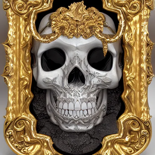 Prompt: a beautiful, ornate and intricate rococo skull with vampire teeth and silver and gold details and diamonds inside a rococo frame, 4k, octane render, vray, unreal engine, photorealistic