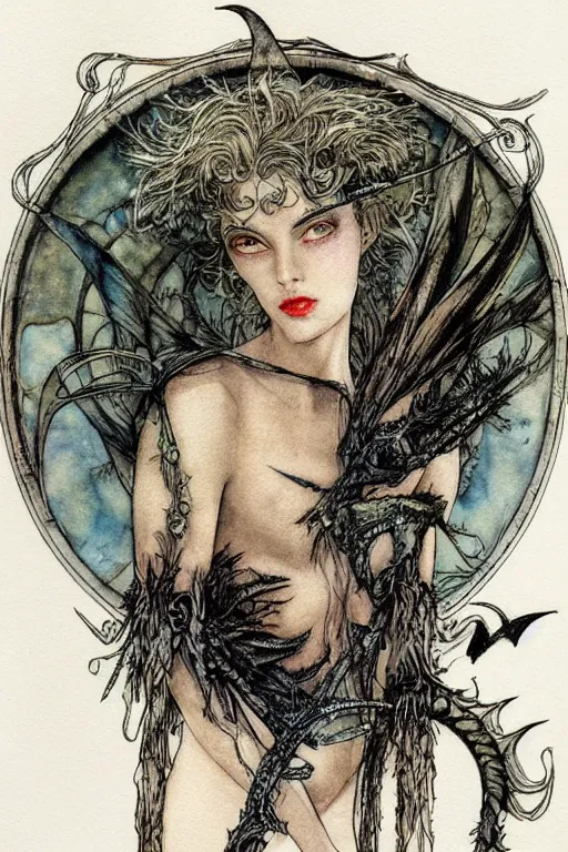 Prompt: dark fairy handsome male face closeup surrounded by a circular frame of bat wings, art by luis royo and walter crane and kay nielsen, watercolor illustration, ultra sharp focus