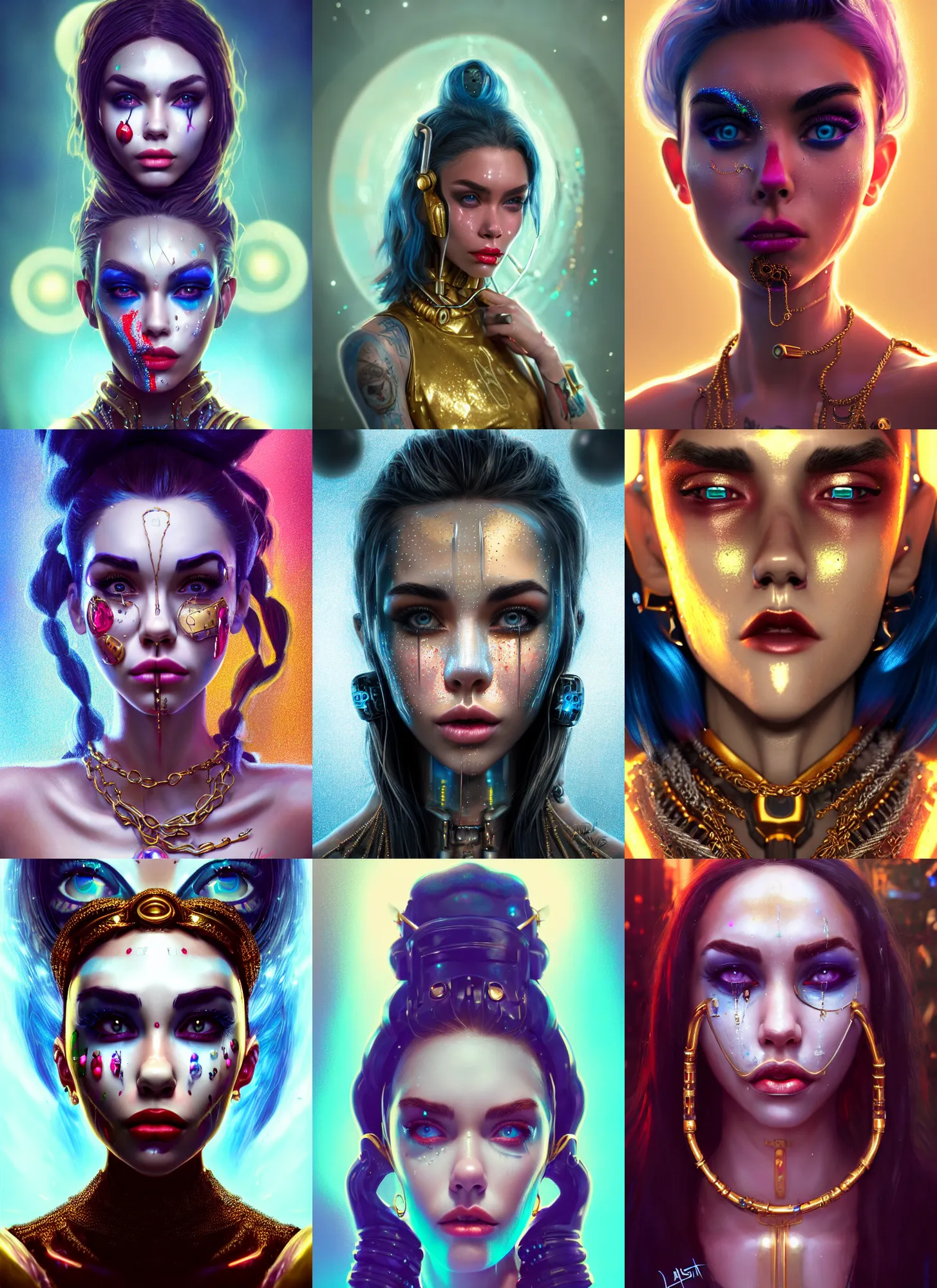 Prompt: disney 8 k photo, gorgeous shiny sweaty rich pearlescent chained white clowncore cyborg madison beer, face piercings, golden ratio details, sci fi, fantasy, cyberpunk, intricate, decadent, highly detailed, digital painting, octane render, artstation, concept art, smooth, sharp focus, illustration, art by loish, wlop