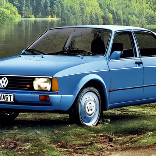 Image similar to a volkswagen jetta mk 2 by a lakeside forest, hyper realistic