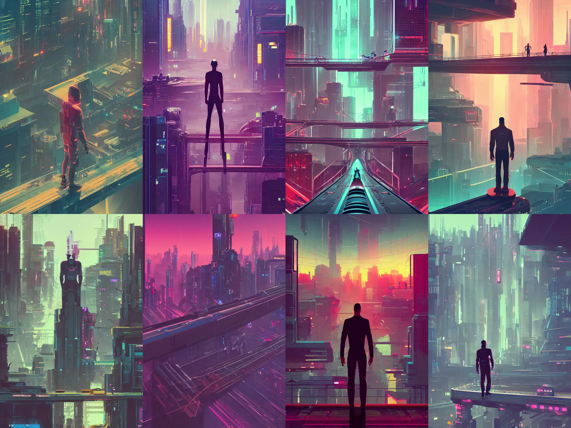 Image similar to a man standing on top of a bridge over a city, cyberpunk art by james gilleard, cgsociety, retrofuturism, synthwave, cityscape, 2 d game art