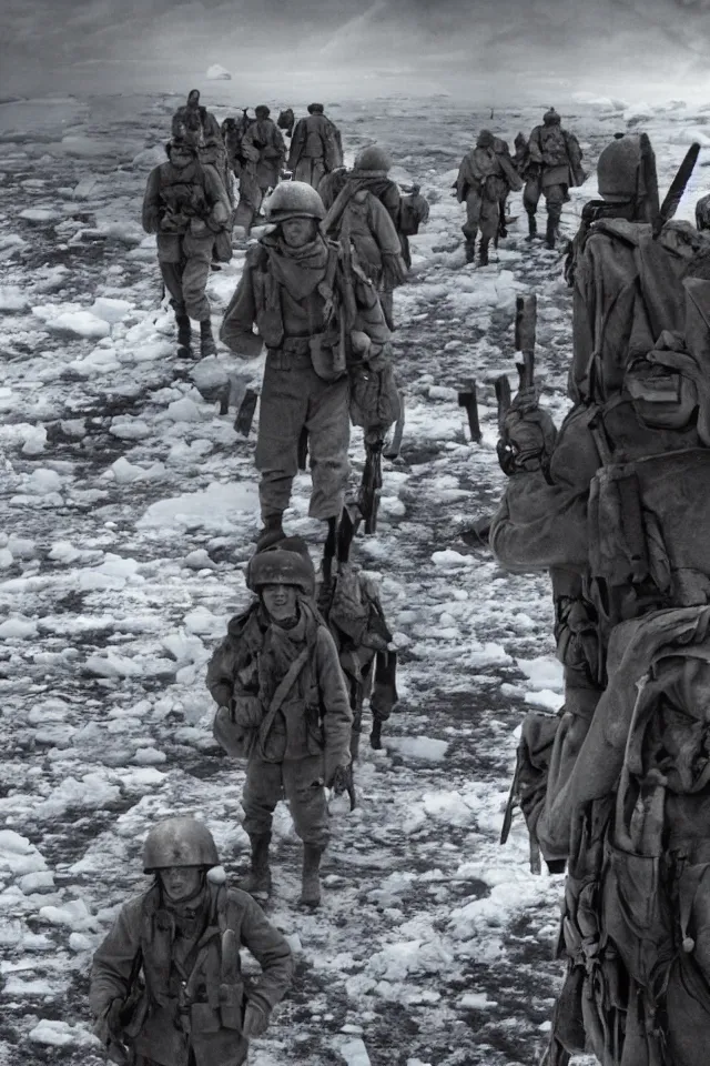 Prompt: a portrait of ww 2 american soldiers entering agartha from antarctica, realistic, highly detailed, fantasy, early 2 1 st century film quality, b & w, 4 k