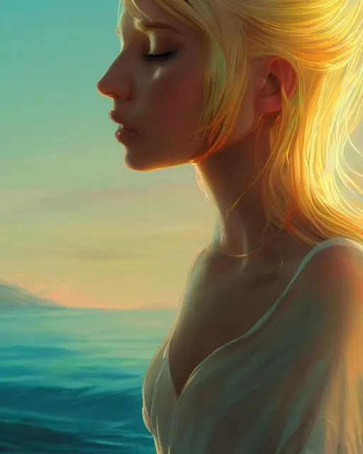 Image similar to summer vibes, beautiful sun goddess, flowy yellow golden hair, sun, summer, cinematic lighting, highly detailed, digital painting, trending on artstation, pixiv, concept art, sharp focus, illustration, art by ross tran and wlop