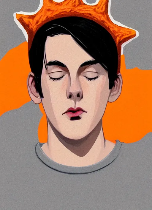 Prompt: portrait of teenage jughead jones wearing a light grey crown, symmetrical crown, sweater with picture of hamburger, eyes closed, crown, black hair, orange, intricate, elegant, glowing lights, warm lighting, highly detailed, digital painting, artstation, concept art, smooth, sharp focus, illustration, art by wlop, mars ravelo and greg rutkowski