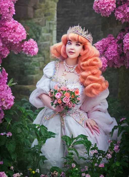 Image similar to portrait of real life princess peach, very large bosum, mystical castle with flowers, by charlotte grimm, studio light, detailed face, canon eos c 3 0 0, ƒ 1. 8, 3 5 mm, 8 k, medium - format print, half body shot