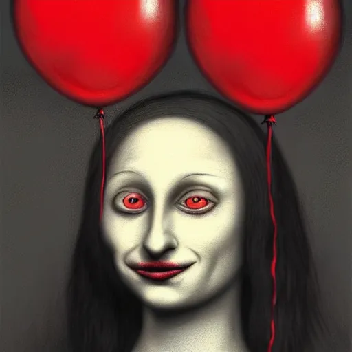 Prompt: surrealism grunge cartoon portrait sketch of a raven with a wide smile and a red balloon by - michael karcz, loony toons style, mona lisa style, horror theme, detailed, elegant, intricate