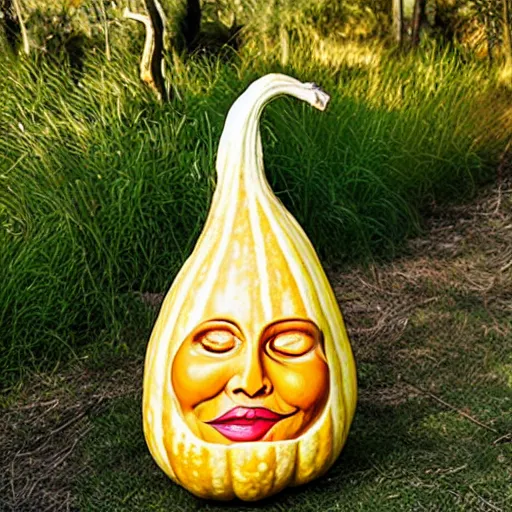 Image similar to gourd shaped like the face of amber heard hybrid intercross mix as a gourd