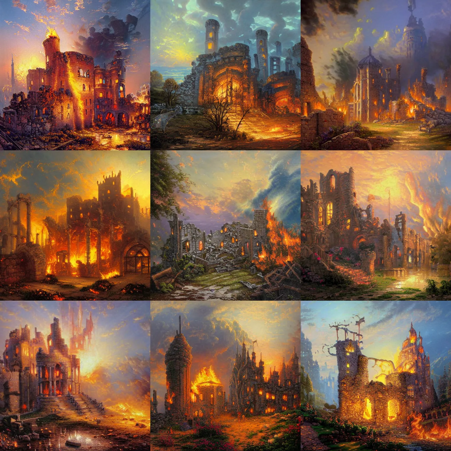 Prompt: A painting of a burning apocalyptic castle ruins by Thomas Kinkade