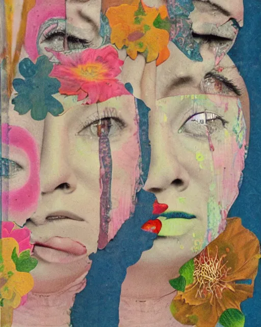 Image similar to different women's faces, cut and paste collage, mutated flowers, soft coloring, ripple effect, 1 9 6 0 s, water stains, different emotions, lingering glances