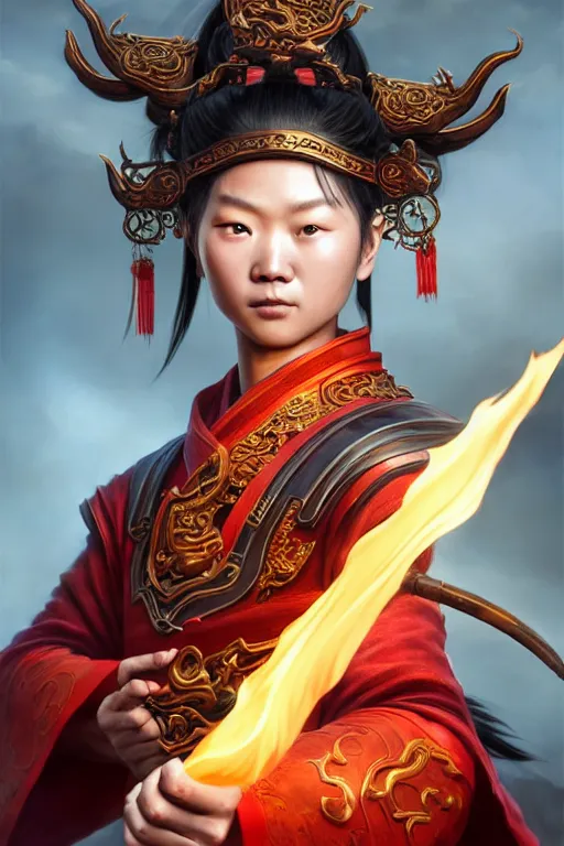 Prompt: charming nezha, highly detailed, man holding spear, flame everywhere, epic pose, masterpiece chinese fantasy character portrait, highly detailed, digital painting, trending on artstation, concept art, sharp focus, illustration, global illumination, ray tracing, realistic shaded, art by artgerm and greg rutkowski and fuji choko and viktoria gavrilenko and hoang lap