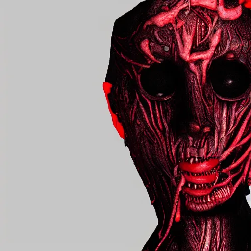 Prompt: octane render of a body horror human, sharp dark shadows, black and red color palette by trevor henderson and junji ito