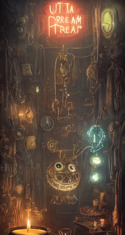 Prompt: tapestrie of a dream, ultra detailed, dark, steampunk, moody, candles, neon signs, characters from machinarium, by don bluth, trending on artstation, octane render