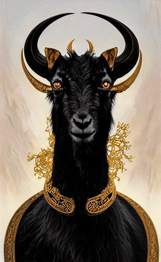 Image similar to a detailed portrait of a black goat on a golden throne, in a red river, concept art, deep focus, intricate, highly detailed, digital painting, artstation, matte, sharp focus, illustration, art by greg rutkowski and alphonse mucha