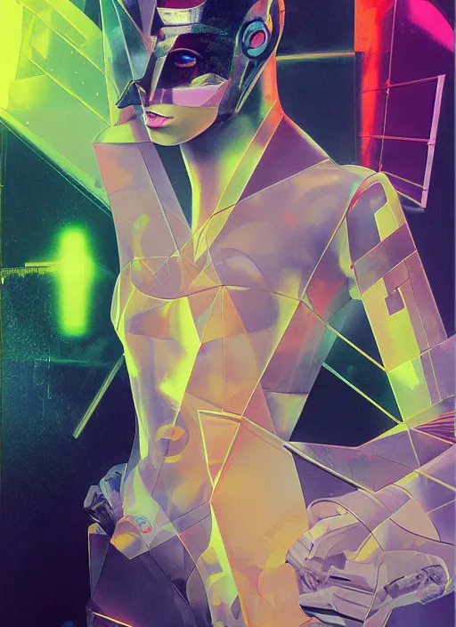 Prompt: futuristic lasers, data visualization, cyberpunk bodysuit, mask, laserpunk, visor, rain, wet, oiled, sweat, girl pinup, by steven meisel, james jean and rolf armstrong, geometric cubist perfect geometry abstract acrylic and hyperrealism photorealistic airbrush collage painting with menocjrome muted and neon fluorescent colors, 8 0 s eros