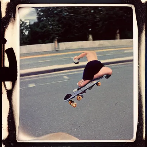 Image similar to Anna Akhmatova skateboarding, 90s polaroid, by Saul Leiter, Jamel Shabazz, Nan Goldin