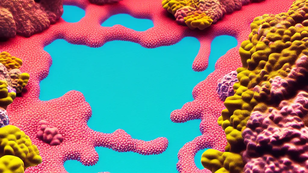 Prompt: coral reef close - up okinawa prefecture, japan, a collage painting, in the style of wes anderson, lola dupre, david hockney, isolated on negative white space background dark monochrome neon fluorescent spraypaint accents volumetric octane render