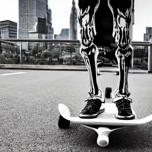 Prompt: skeleton doing cool skateboard tricks with a city skyline in the background H:1080 W:1920