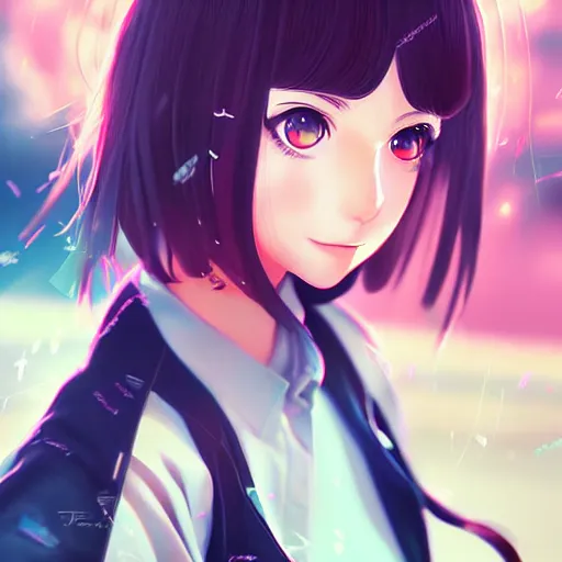 Image similar to high school girl shattering dimensions, digital anime art, wlop, sakimimichan, ilya kuvshinov, artgerm