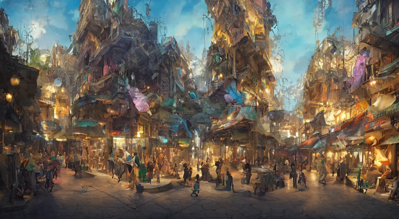 Image similar to bazaar zouk oriantal place mosquet multicolorful sky shine matte painting, street art, trending on artstation, by huang guangjian and gil elvgren and sachin teng