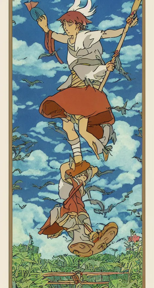Prompt: the fool tarot card as drawn by studio ghibli, whole card, white frame, concept art, zoom out