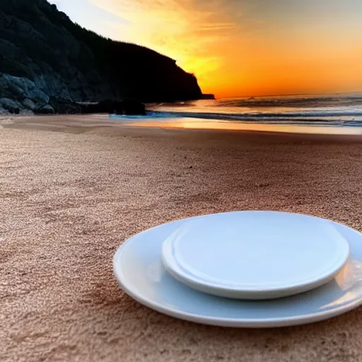 Image similar to photo of a white dish over a table with a sunset on the beach in the background