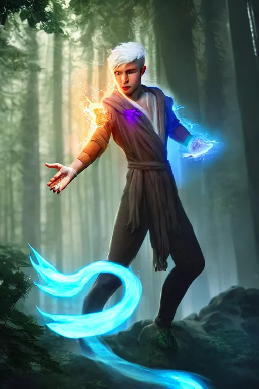 Image similar to a human elemental sorcerer, forest setting, colorful magic, male, white skin, young, sharp, concept art, dynamic lighting, unreal engine