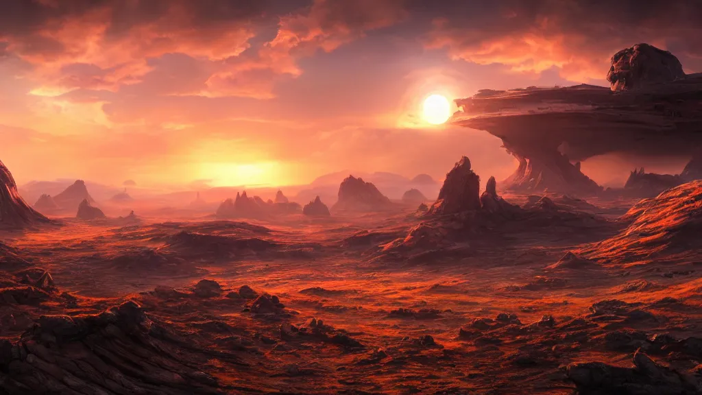 Image similar to a landscape of an alien planet, sunset, environment, cinematic composition, cinematic lighting, photo realistic, ultra detailed, magnificent, 4 k, 8 k, foundation, star wars, avatar