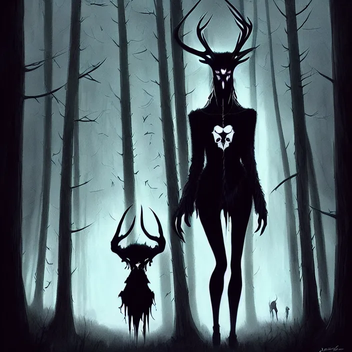 Image similar to style artgerm, joshua middleton, diego fazio, marc simonetti : : scary wendigo with antlers and skull face mixed with werewolf : : [ [ beautiful witch wearing a black dress, symmetrical face, on the right side ] ] : : in the forest, detailed, dark and foggy, cinematic lighting