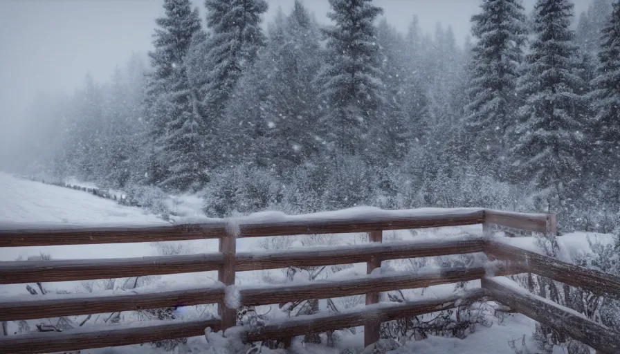 Image similar to wooden guardrails covered by snow in beautiful winter landscape. fog, snowstorm, photorealistic rendering, octane