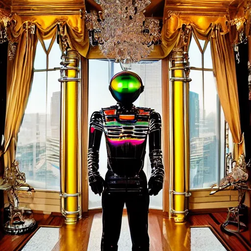 Prompt: architectural digest portrait photo, inside a futuristic ornate rococo bedroom made out of shiny reflective chrome and rubber and exotic woods, huge window showing a distant colorful planet, futuristic android with limbs made out of stretchy rubber tubing and latex mixed with shiny chrome gauntlets and chest piece and mask