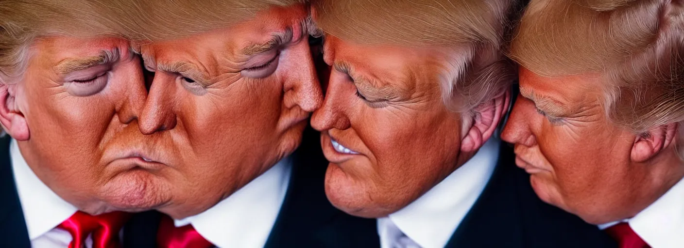 Image similar to beautiful high quality romantic portrait photo of donald trump kissing donald trump. hq. hdr. golden hour. donald trump and donald trump kissing on the lips. very high resolution. amazing lighting.