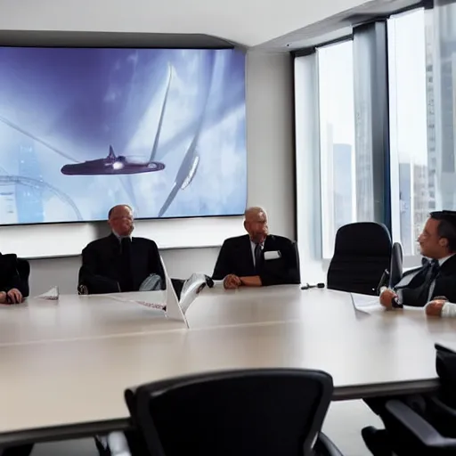 Image similar to a meeting between several futuristic military leaders in a futuristic board room