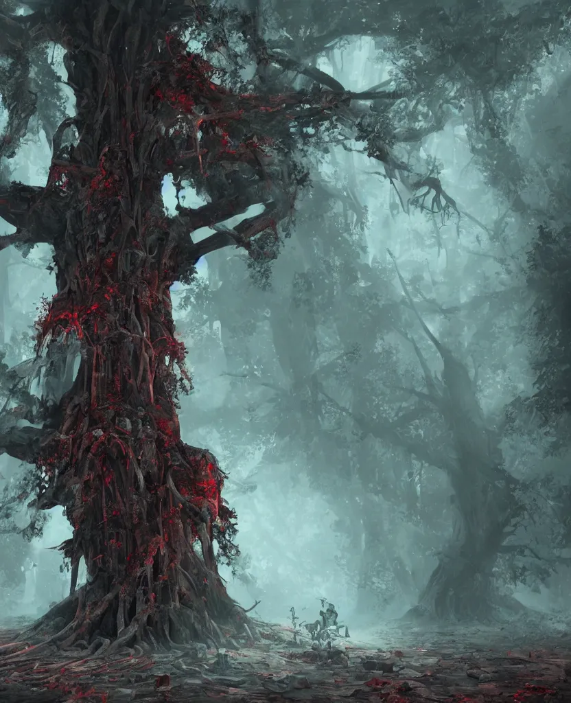 Prompt: sacred giant tree with a skeleton sleeping in the trunk, red forest, epic painting, dark concept art, octane render, extremely detailed