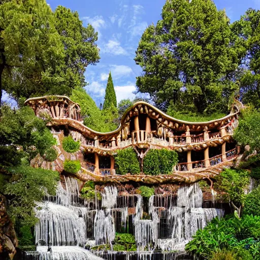 Prompt: valley village on the lake, waterfalls, flowers and intricate detailed visionary architecture and gardens by antoni gaudi, john stephens, alex gray