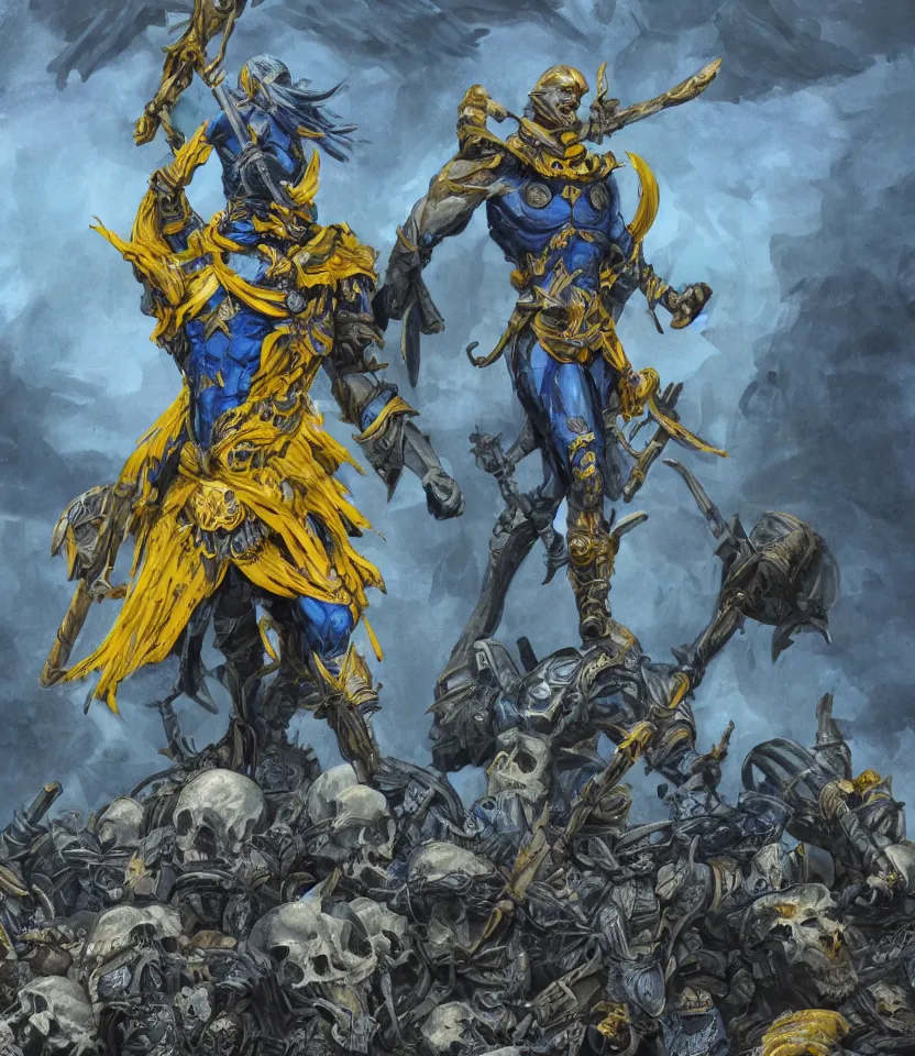 Image similar to a distant shot of one!!!!! single super soldier with blue and yellow flag and a trident symbol standing alone on a huge pile of skulls as a winner, masculine figure, D&D, fantasy, intricate, elegant, highly detailed, extremely detailed, digital painting, artstation, concept art, matte, smooth, sharp focus, illustration, art by Artgerm and Greg Rutkowski and Alphonse Mucha